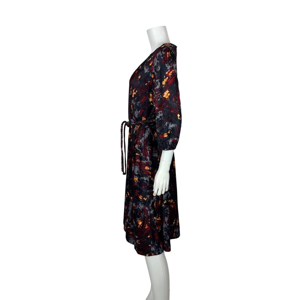 Vintage 70s Artsy Dress Womens Large Red Gray Abstract Print Braided Belt Fit An - Picture 9 of 11